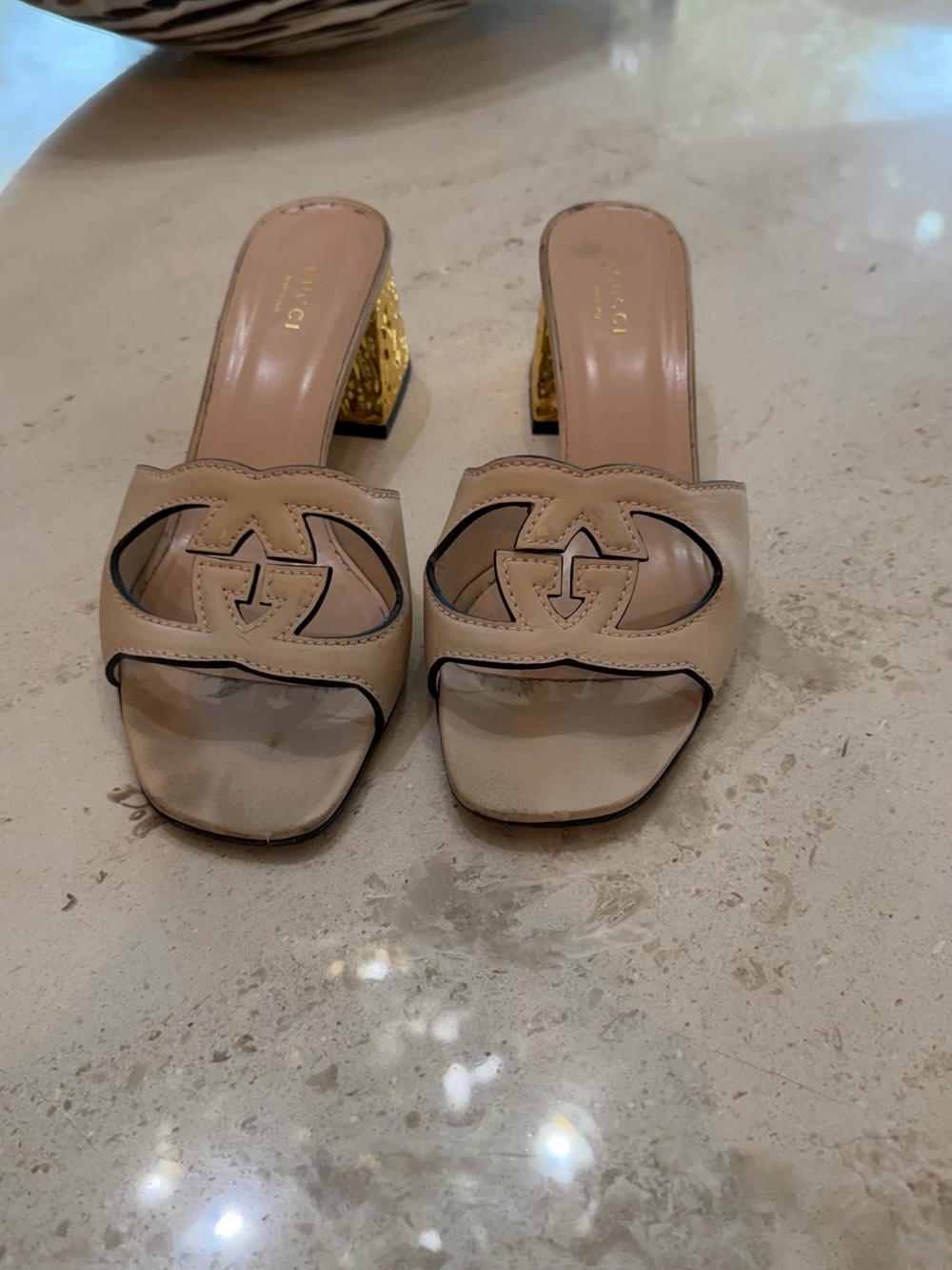 Gucci Beige Leather Open-Toe Slides with Gold Textured Block Heel